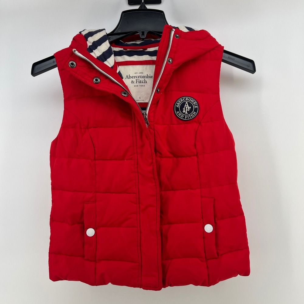 Abercrombie & Fitch Womens‎ Red Hooded Puffer Vest Down Fill Striped Lining S